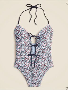 NWOT J. Crew Reversible Floral/Stripe Lace-Up Halter One-Piece Swimsuit - Sz 12